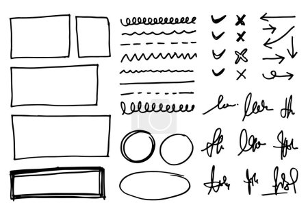 Illustration for Doodle vector lines and curves.Hand drawn signature, check and arrows signs. Set of simple doodle lines, curves, frames and spots. Collection of pencil effects. Doodle border. Simple doodle set. - Royalty Free Image