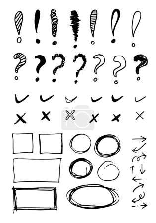 Illustration for Doodle vector lines and curves.Hand drawn check and arrows signs. Set of simple doodle lines, curves, frames and spots. Collection of pencil effects. Doodle border. Simple doodle set. - Royalty Free Image