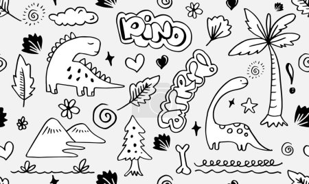 Illustration for Dino. Seamless pattern. Vector illustration in doodle style. Hand drawn.Hand drawn children's pattern for fashion clothes, shirt, textile - Royalty Free Image