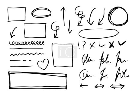 Illustration for Doodle vector lines and curves.Hand drawn check and arrows signs. Set of simple doodle lines, curves, frames and spots. Collection of pencil effects. Doodle border. Simple doodle set. - Royalty Free Image