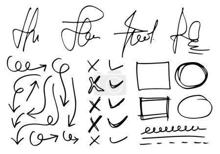 Illustration for Doodle vector lines and curves.Hand drawn check and arrows signs. Set of simple doodle lines, curves, frames and spots. Collection of pencil effects. Doodle border. - Royalty Free Image