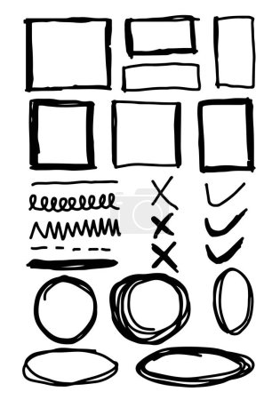 Ilustración de Doodle líneas vectoriales y curvas. Señalización dibujada a mano y flechas. Conjunto de simples líneas de garabatos, curvas, marcos y manchas. Colección de efectos lápiz. D) - Imagen libre de derechos