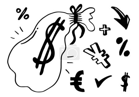 Illustration for Set of hand drawn the most popular currency symbol. Dollar, euro, yen doodle vector illustration. - Royalty Free Image