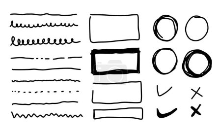 Ilustración de Doodle líneas vectoriales y curvas. Señalización dibujada a mano y flechas. Conjunto de simples líneas de garabatos, curvas, marcos y manchas. Colección de efectos lápiz. Doodle border. Si. - Imagen libre de derechos