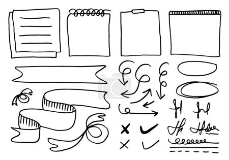 Illustration for Doodle vector lines and curves.Hand drawn check and arrows signs. Set of simple doodle lines, curves, frames and spots. Collection of pencil effects. Doodle border. Si - Royalty Free Image