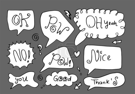 Hand drawn set of speech bubbles with handwritten short phrases  thank s,pow,ok,no,oh yeah,you, good,nice on gray background.