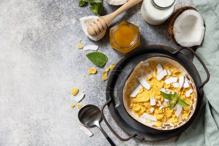Photo for Vegan healthy breakfast. Cereal granola breakfast flakes with coconut non-dairy alternative milk and fresh coconut slices on a stone tabletop. View from above. Copy space - Royalty Free Image