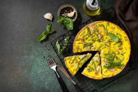 Photo for Classic pie with tuna, green beans and soft cheese. Crustless quiche with eggs, fish and vegetables. Mediterranean ketogenic healthy diet. View from above. Copy space. - Royalty Free Image