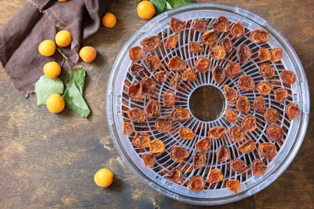 Photo for The process of home cooking dried fruits or candied fruit in an electric dryer on a rustic table. Fruits for storage and consumption in the winter. Dehydrated apricots. View from above. Copy space. - Royalty Free Image