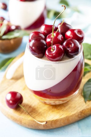 Photo for Panna cotta with sweet cherry jelly on a stone tabletop, italian dessert, homemade cuisine. - Royalty Free Image