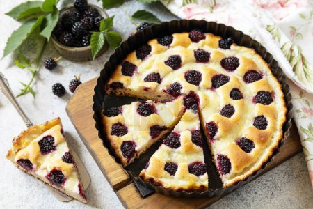 Photo for Homemade blackberry pie. Vegan gluten-free pastry. Sweet pie with blackberry and custard on stone tabletop. - Royalty Free Image