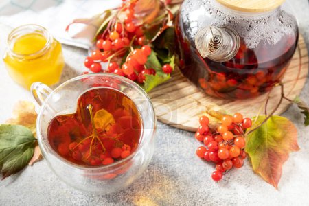 Foto de Té de otoño, bebida frutal de temporada. Viburnum y taza de té viburnum saludable con miel en una mesa de piedra. - Imagen libre de derechos