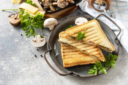 Photo for Delicious club sandwich, homemade grilled cheese, bacon and mushroom sandwich for breakfast on a stone tabletop. Copy space. - Royalty Free Image