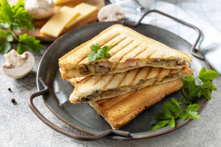 Foto de Delicioso sándwich de club, queso a la parrilla casero, tocino y setas para el desayuno en una mesa de piedra. - Imagen libre de derechos