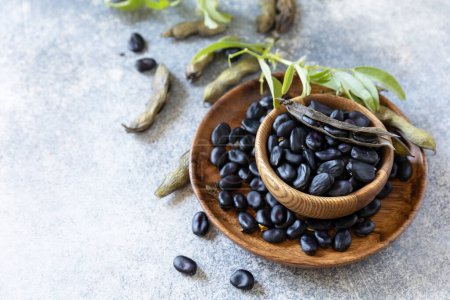 Photo for Organic food.  The concept of vegan or diet food. Fresh ripe black soy beans on a stone background. Copy space. - Royalty Free Image