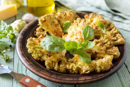 Photo for Vegetarian organic food. Baked cauliflower steaks with herbs and spices on a wooden table. Healthy eating, plant based meat substitute concept. - Royalty Free Image