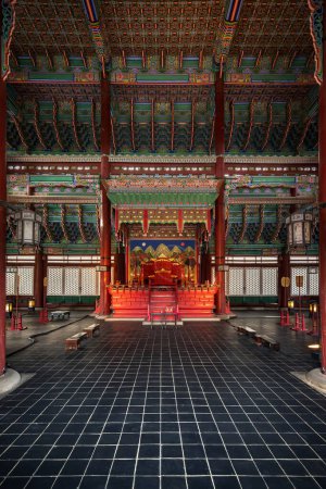 Photo for Seoul, South Korea: June 17, 2023: Hall of the ancient Throne of the historical King of Korea, interior view inside Gyeongbokgung Palace, a famous landmark when visiting South Korea - Royalty Free Image