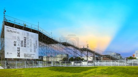 Photo for Seoul, South Korea: July 2, 2023: The 4th Biennale of Architecture and Urbanism, stainless steel stairs lead to a 12-meter high observatory for visitors to enjoy the breeze and scenery. - Royalty Free Image