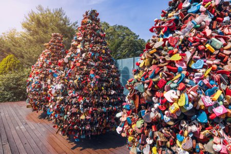 Photo for Seoul, South Korea, June 17, 2023: Love locks at N-Seoul Tower, symbolize forever love with inscribed messages, collectively displayed at this popular tourist destination. - Royalty Free Image