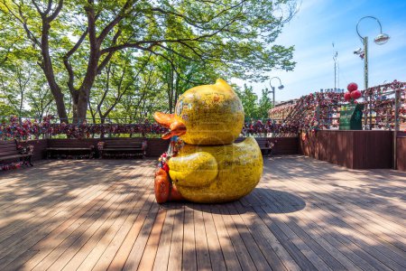 Téléchargez les photos : Séoul, Corée du Sud, 17 juin 2023 : La statue de canard jaune à la tour N-Séoul, entourée de nombreuses serrures d'amour, est un point culminant de cette attraction touristique bien connue. - en image libre de droit