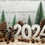 Happy New year 2024 decoration with Christmas tree and pine cones on wooden background