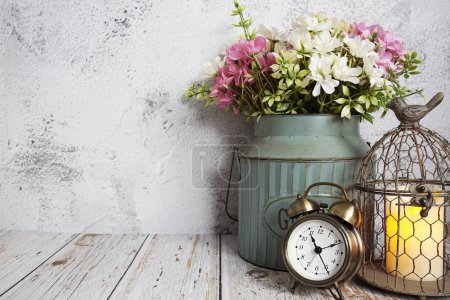 Vintage alarm clock with space copy on concrete wall background