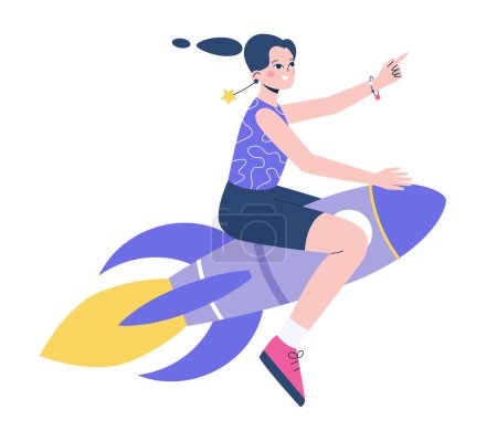 Illustration for The concept of growth, learning, moving forward, or self-development. Woman flies on the rocket and shows the upward direction. Flat vector illustration. - Royalty Free Image