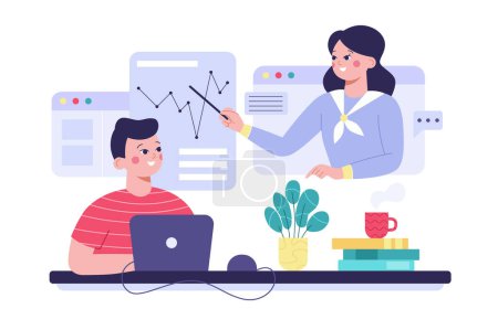 Illustration for Concept of e-learning platform and distance learning. Student learning on laptop. Teacher or tutor on display. Flat vector illustration. - Royalty Free Image