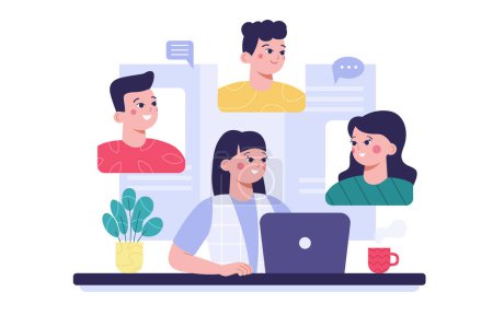 Illustration for Group of people communicate via video call. Online meeting or conference. Flat vector illustration. - Royalty Free Image