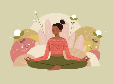 Ilustración de Mujer en meditación posan sobre el fondo de la naturaleza con hojas. Ilustración conceptual para yoga, meditación, relajación, recreación y estilo de vida saludable. Vector plano. - Imagen libre de derechos