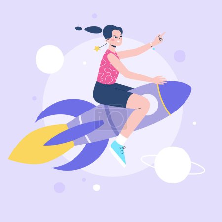 Illustration for Woman flies on the rocket on the background of space. The concept of growth, learning, moving forward, or self-development. Flat vector illustration. - Royalty Free Image