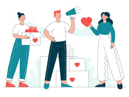 Illustration for Concept of volunteering, humanitarian aid, or charity. People keep and give hearts as symbols of help and support. Outline flat vector illustration. - Royalty Free Image