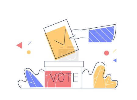 Illustration for Concept of election, voting, democracy. Hand of voter throwing paper with check mark into ballot box. Outline, line art vector. - Royalty Free Image