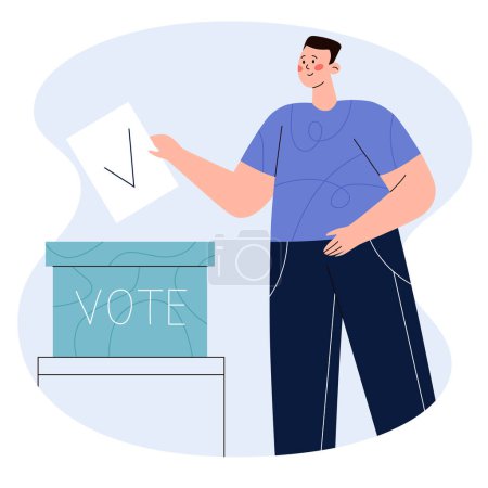 Man putting vote paper into ballot box. Concept of election, voting, democratic and politic. Flat vector illustration.