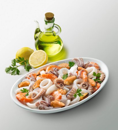 Téléchargez les photos : Oval white plate with seafood salad lemons parsley and cruet with oil on white table - en image libre de droit