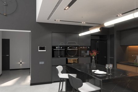 Offene Wohnzimmergestaltung, passend zur Küche, 3D-Render