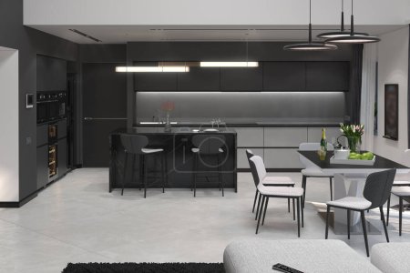 Foto de Sala de estar de planta abierta que organiza, emparejando con cocina, renderizado 3D - Imagen libre de derechos