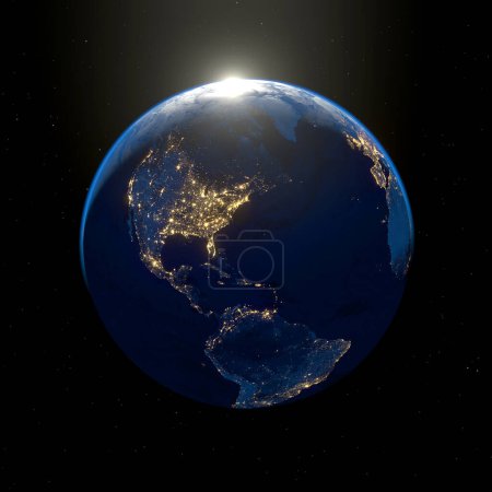Photo for Western hemisphere at night from space with brightly lit cities, 3D render - Royalty Free Image