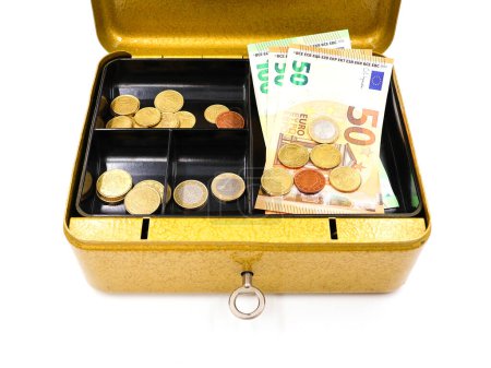 Gold-colored open cash box with European money, isolated on a white background.