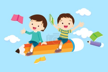 Illustration for Boy and girl flying on a pencil ,Back to School Concept Group of Kids - Royalty Free Image