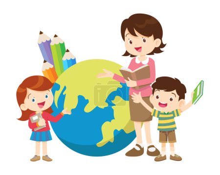 Illustration for Happy teacher with Boy and girls learning or studying.children with Back to School Concept education.Pupils holding textbooks and school Earth Globe icon model - Royalty Free Image