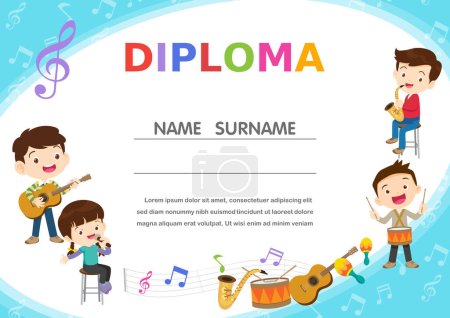 Illustration for Certificate template with kids in the band children musical diploma music award template with kids - Royalty Free Image