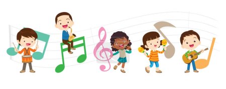 Illustration for Play music concept of children group.Cartoon dancing kids and kids with musical instruments.cute child musician various actions playing music.around big Letter. - Royalty Free Image