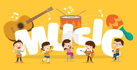 Illustration for Play music concept of children group.Cartoon dancing kids and kids with musical instruments.cute child musician various actions playing music.around big Letter. - Royalty Free Image