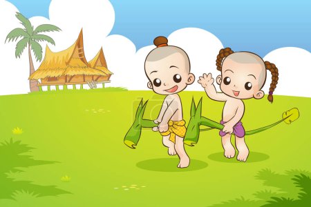 Illustration for Traditional Thai Children are playing game. traditional Thai game.traditional Thai Kid game cartoon illustration - Royalty Free Image