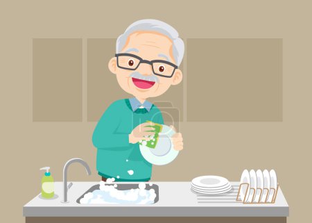 smiling elderly man standing washing dishes. Washing dishes and housework concept