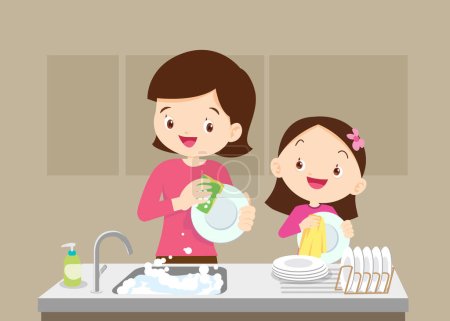 Téléchargez les illustrations : Un enfant heureux qui aide sa famille à laver la vaisselle. parent et enfant font les tâches ménagères ensemble. Petite assistante - en licence libre de droit