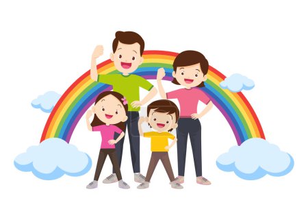 Glückliche große Familie vor dem Haus, Regenbogen