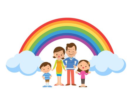 Glückliche große Familie vor dem Haus, Regenbogen