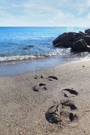 Téléchargez les photos : Empreintes humaines ou pas à gauche sur le sable à une plage - en image libre de droit